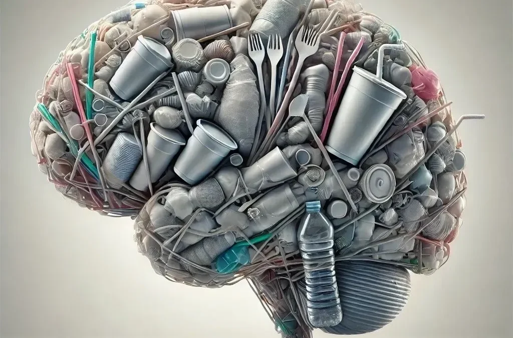A brain made of various types of plastic waste, showcasing the impact of pollution on mental health and the environment