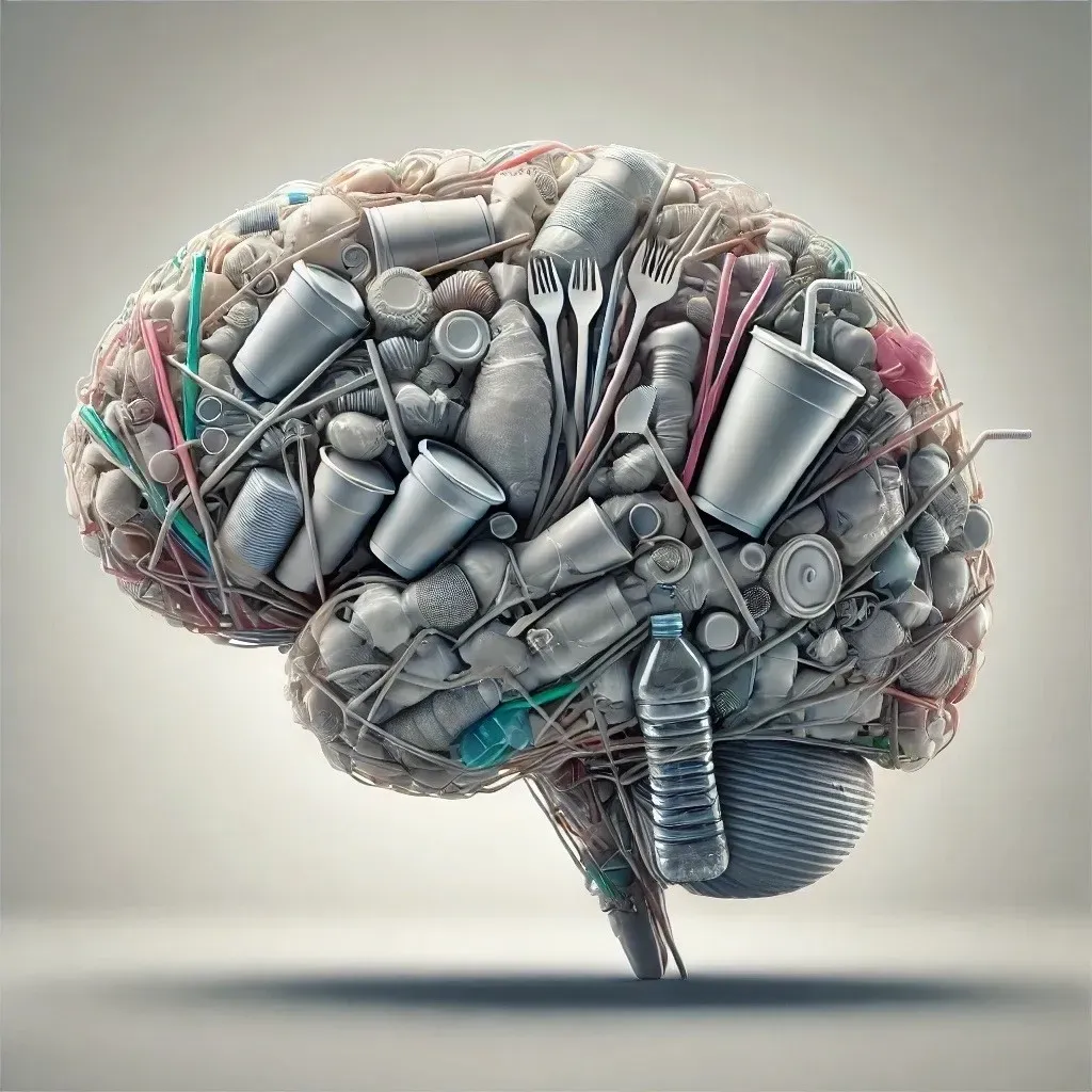 A brain made of various types of plastic waste, showcasing the impact of pollution on mental health and the environment
