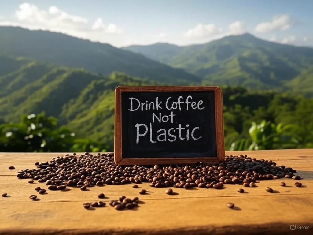A chalkboard sign reads Drink Coffee Not Plastic, surrounded by coffee beans with a lush mountain view in the background A chalkboard sign reads Drink Coffee Not Plastic, surrounded by coffee beans with a lush mountain view in the background