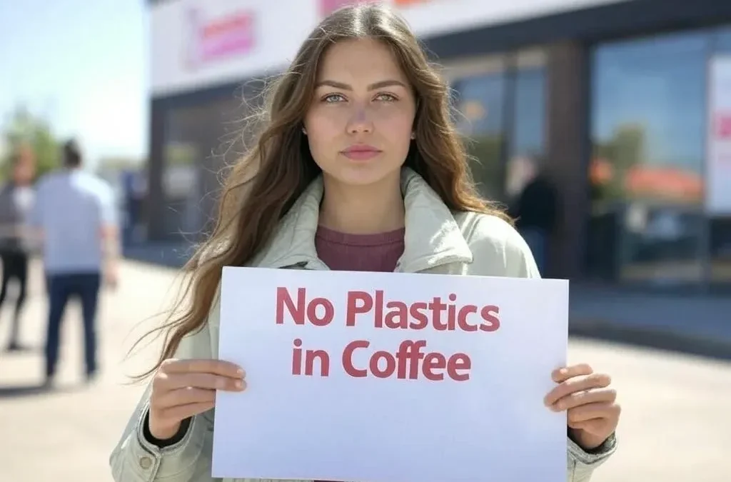 A person holds a sign reading No Plastics in Coffee, advocating for eco-friendly practices in a public setting