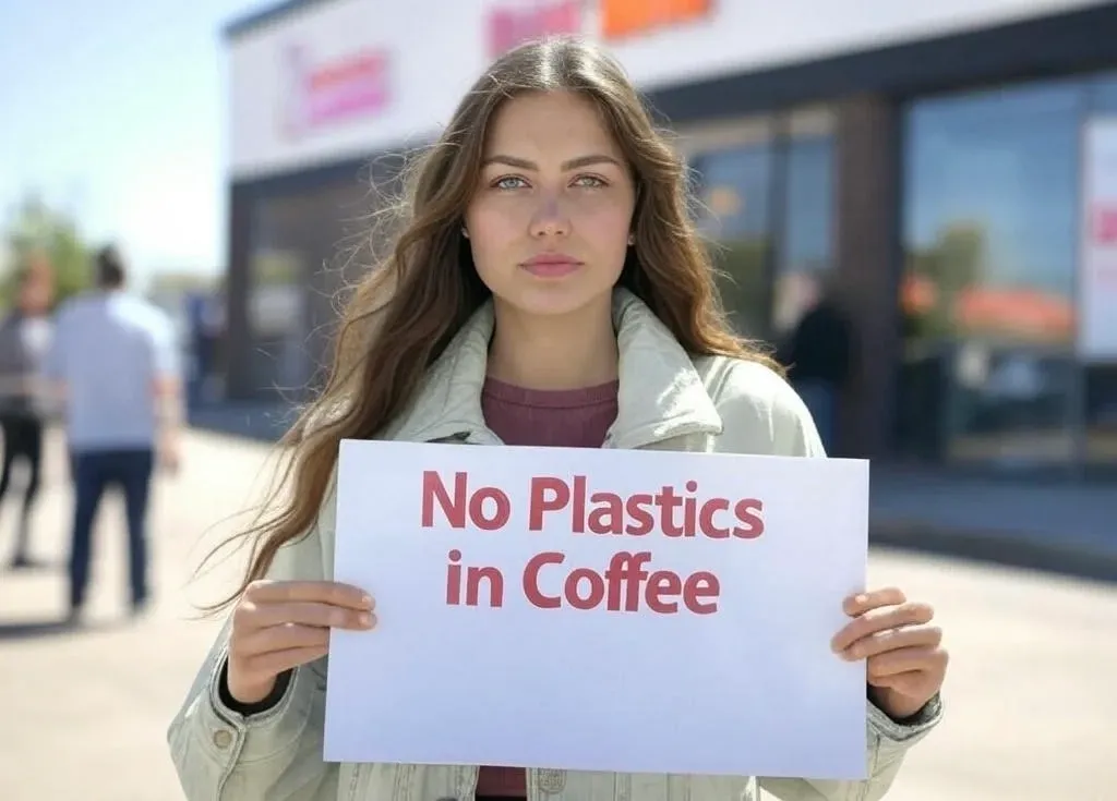 A person holds a sign reading No Plastics in Coffee, advocating for eco-friendly practices in a public setting