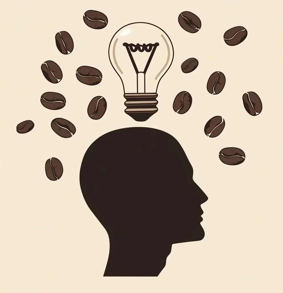 A silhouette of a human head with a light bulb above, surrounded by scattered coffee beans, symbolizing creative ideas and caffeine inspiration