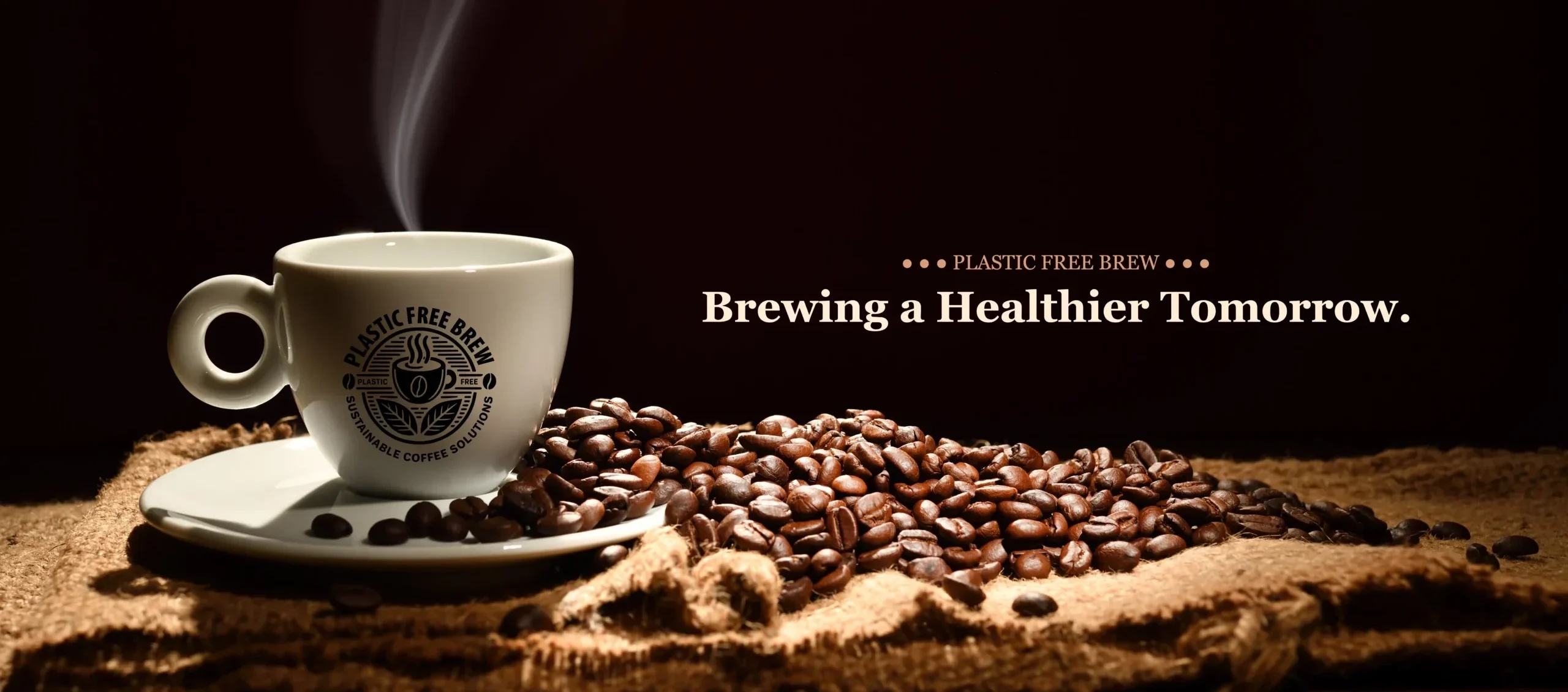 A steaming cup of coffee with Plastic Free Brew logo, surrounded by coffee beans, emphasizing sustainability for a healthier future A steaming cup of coffee with Plastic Free Brew logo, surrounded by coffee beans, emphasizing sustainability for a healthier future