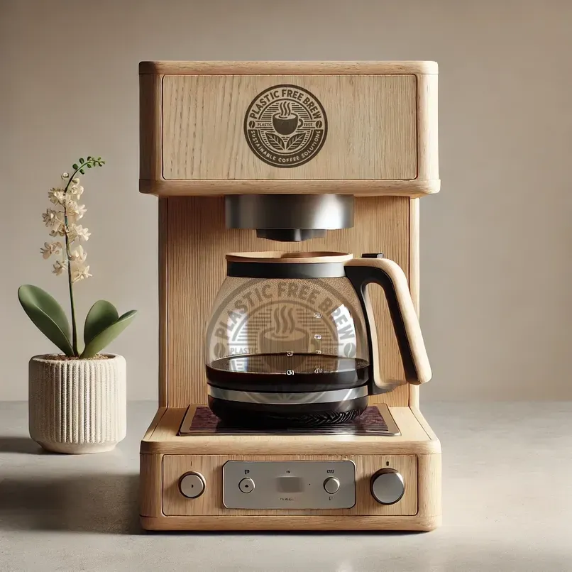 A stylish, eco-friendly coffee maker with a wooden finish, glass carafe, and controls, featuring a Plastic Free Brew logo