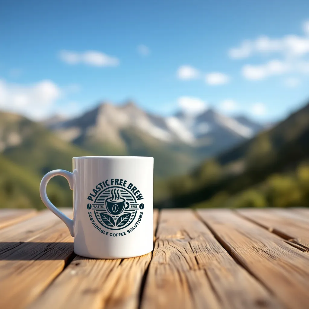 A white coffee mug with "Plastic Free Brew" logo sits on a wooden table, overlooking picturesque mountains and a blue sky